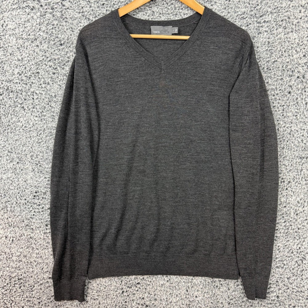 Vince Sweater Mens Large Gray 100% Wool V Neck Lightweight Knit Pullover L